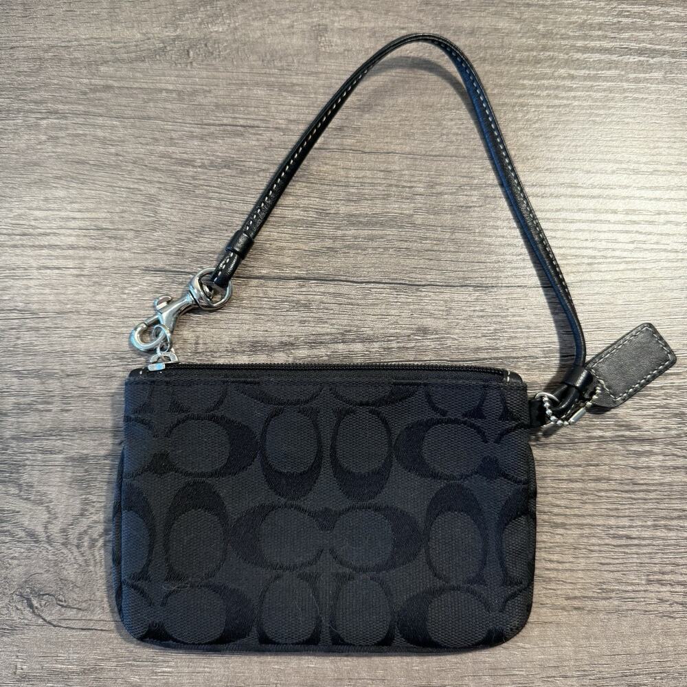 Coach Signature C Monogram Wristlet Pouch Black Canvas Leather Trim - Picture 3 of 5